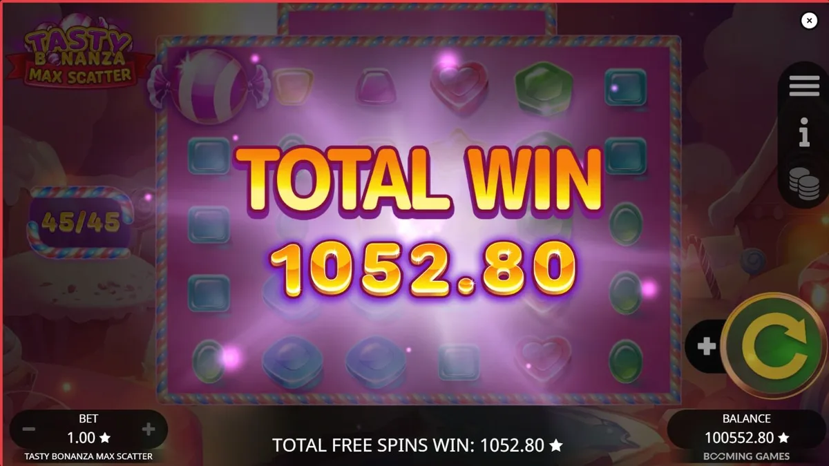 Tampilan visual slot Tasty Bonanza Max Scatter dengan tema permen yang cerah