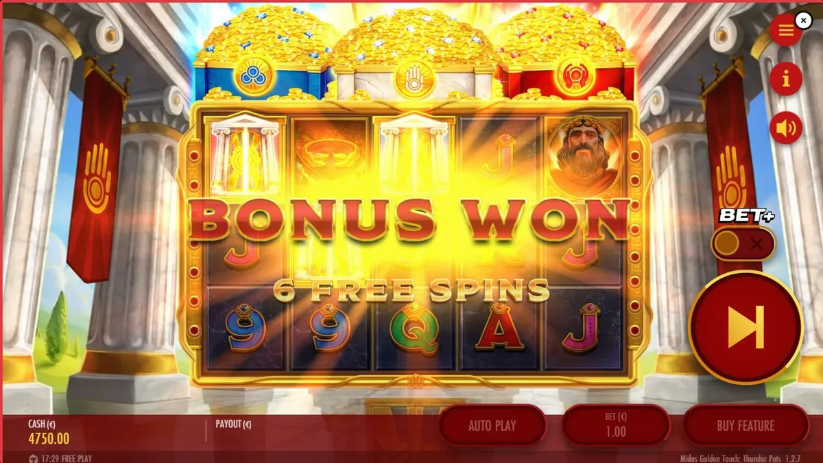 Tampilan visual slot Midas Golden Touch: Thunder Pots dengan tema emas dan mitologi